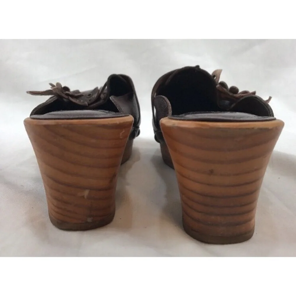 Zara Wood Sole Slide Mules 5.5-6 36 Sandals Brown Leather Shoes Flower Toe Spain - Picture 8 of 11